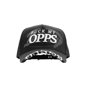 Gorra Dandy Hats Fuck My Opps Snapback negra con leyenda en bordado 3D de alta densidad, vista frontal
