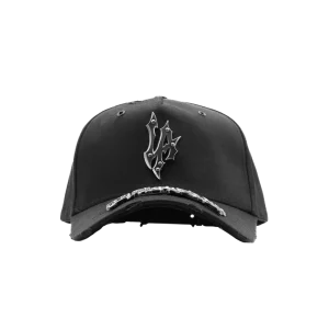Gorra Dandy Hats LA Metal Snapback negra con logotipo estilo metal en alto relieve, vista frontal