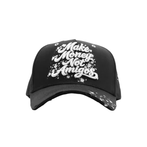 Gorra Dandy Hats Make Money Not Amigos Snapback negra con tipografía en bordado 3D de alto relieve, vista frontal