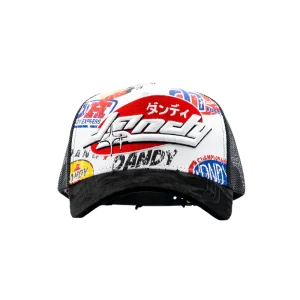 Gorra Dandy Hats D Spec negra con bordado artesanal multicapa estilo JDM, vista frontal