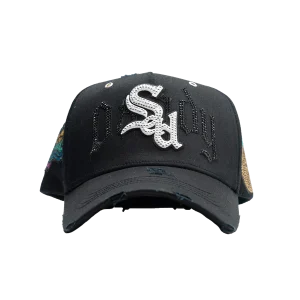 Gorra Dandy Hats Psicodélica Sad Boyz II negra con bordado 3D psicodélico, vista frontal