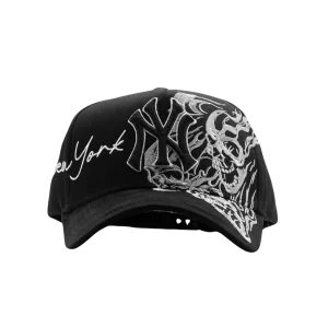 Gorra Dandy Hats NY Skeleton negra con gráfico NY Skeleton en relieve 3D de alta densidad, vista frontal