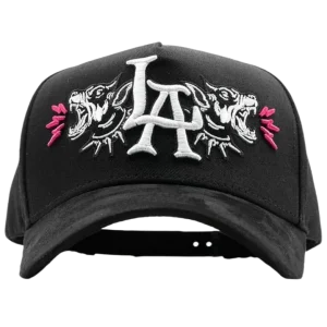 Gorra Dandy Hats LA Dogs Logo Hat negra con emblema LA Dogs bordado en relieve 3D, vista frontal