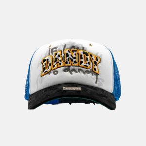 Gorra Dandy Hats Chunky Dandy trucker blanca y azul con logo cow print, vista frontal