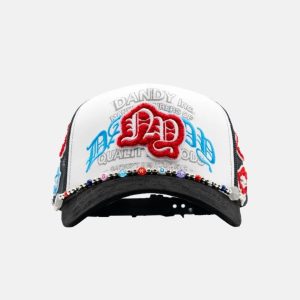 Gorra Dandy Hats Rocket Pop trucker blanca y negra con parches de crochet, vista frontal