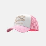 Gorra Dandy Hats Strawberry Shortcake trucker blanca y rosa, vista lateral izquierda